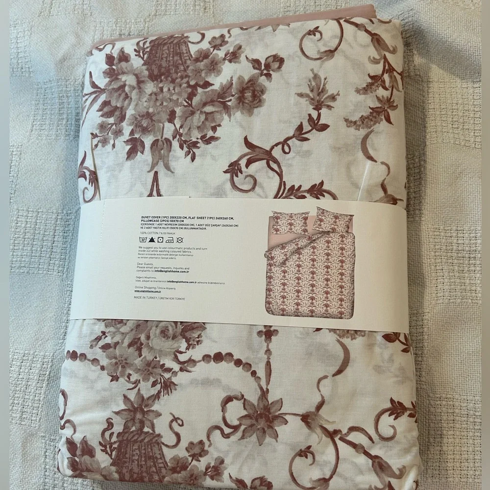 English Home Basics 100% Cotton Duvet Cover Set Double Floral Toile‎ Pink White